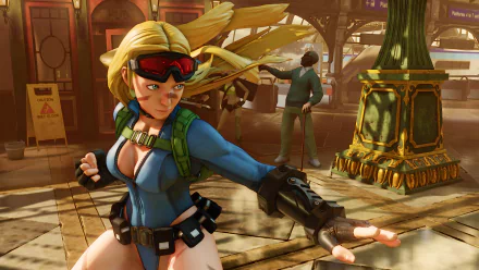 A dynamic HD wallpaper from Street Fighter V featuring a female character in an action pose, set against a vibrant urban backdrop.