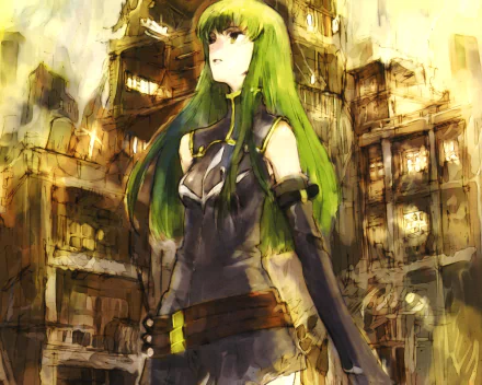 HD anime desktop wallpaper featuring C.C. from Code Geass, standing against a detailed, rustic urban backdrop with warm, earthy tones.