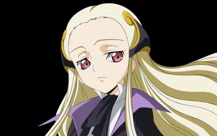 V.V. (Code Geass) anime 4K Ultra HD PC desktop wallpaper/background: close-up portrait of a pale character with long blonde hair, pink eyes, and a purple-black outfit on a black backdrop.