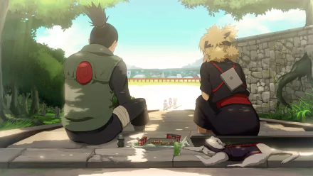 HD anime desktop wallpaper featuring Shikamaru Nara and Temari from Naruto, sitting on steps and sharing a peaceful moment with the village scenery in the background.