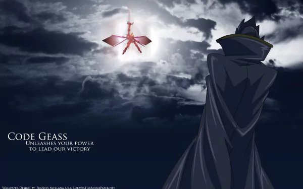 A dramatic HD wallpaper featuring Lelouch Lamperouge from Code Geass, standing against a stormy sky, highlighting themes of power and victory.