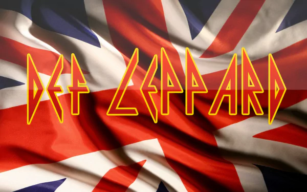 HD PC desktop wallpaper featuring the vibrant Union Jack flag with the bold, stylized Def Leppard band logo overlay, celebrating their British rock music legacy.
