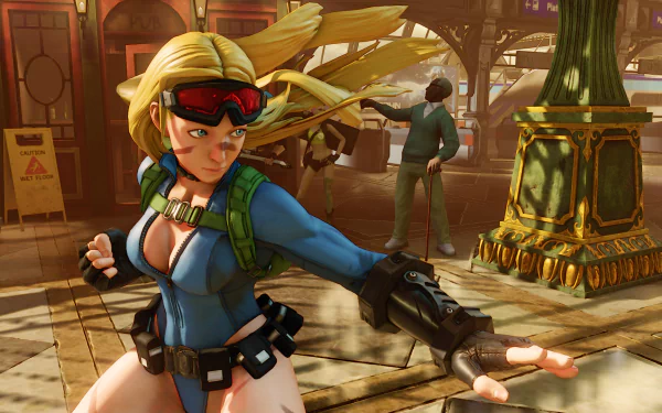 A dynamic HD wallpaper from Street Fighter V featuring a female character in an action pose, set against a vibrant urban backdrop.