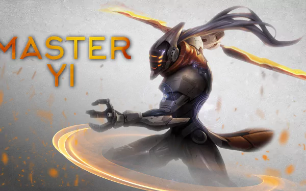 Master Yi from League of Legends in an HD desktop wallpaper, showcasing his dynamic pose with vibrant energy effects and the game’s iconic style.