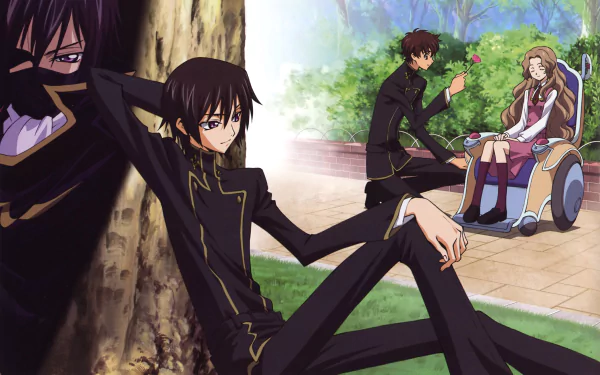 Code Geass anime 4K Ultra HD PC desktop wallpaper: Lelouch Lamperouge lounges against a tree while Suzaku Kururugi offers a flower to Nunnally Lamperouge in a sunlit garden.