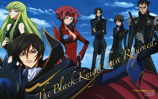 4K Ultra HD Code Geass anime wallpaper featuring Lelouch Lamperouge, C.C., Kallen Kōzuki, and other key characters with the text The Black Knights Have Returned.