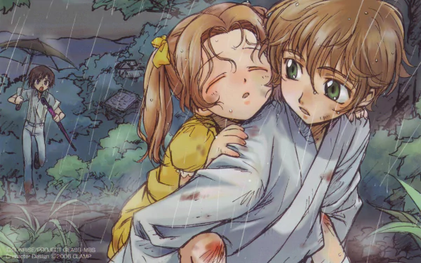 A vibrant 4K Ultra HD wallpaper featuring Nunnally Lamperouge and Suzaku Kururugi with Lelouch Lamperouge in the background, set in a rain-soaked anime landscape from Code Geass.
