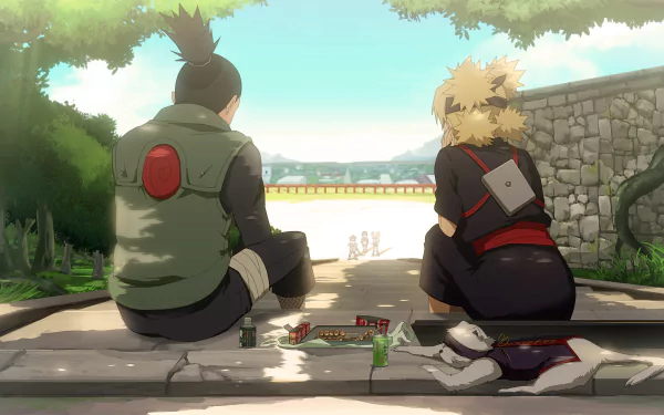 HD anime desktop wallpaper featuring Shikamaru Nara and Temari from Naruto, sitting on steps and sharing a peaceful moment with the village scenery in the background.