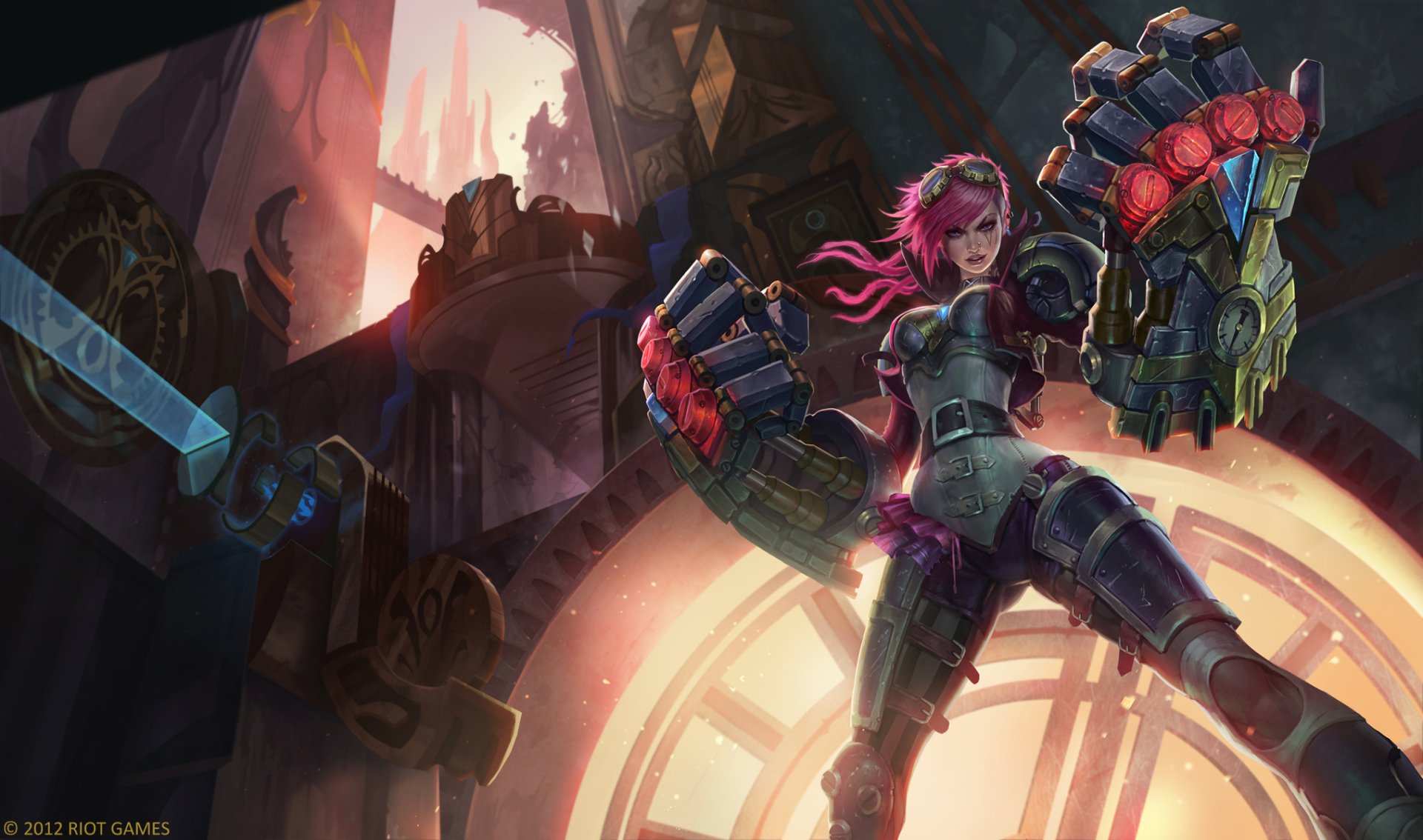 HD PC desktop wallpaper featuring Vi from League of Legends in Piltover, showcasing her powerful gauntlets in a dynamic video game scene.