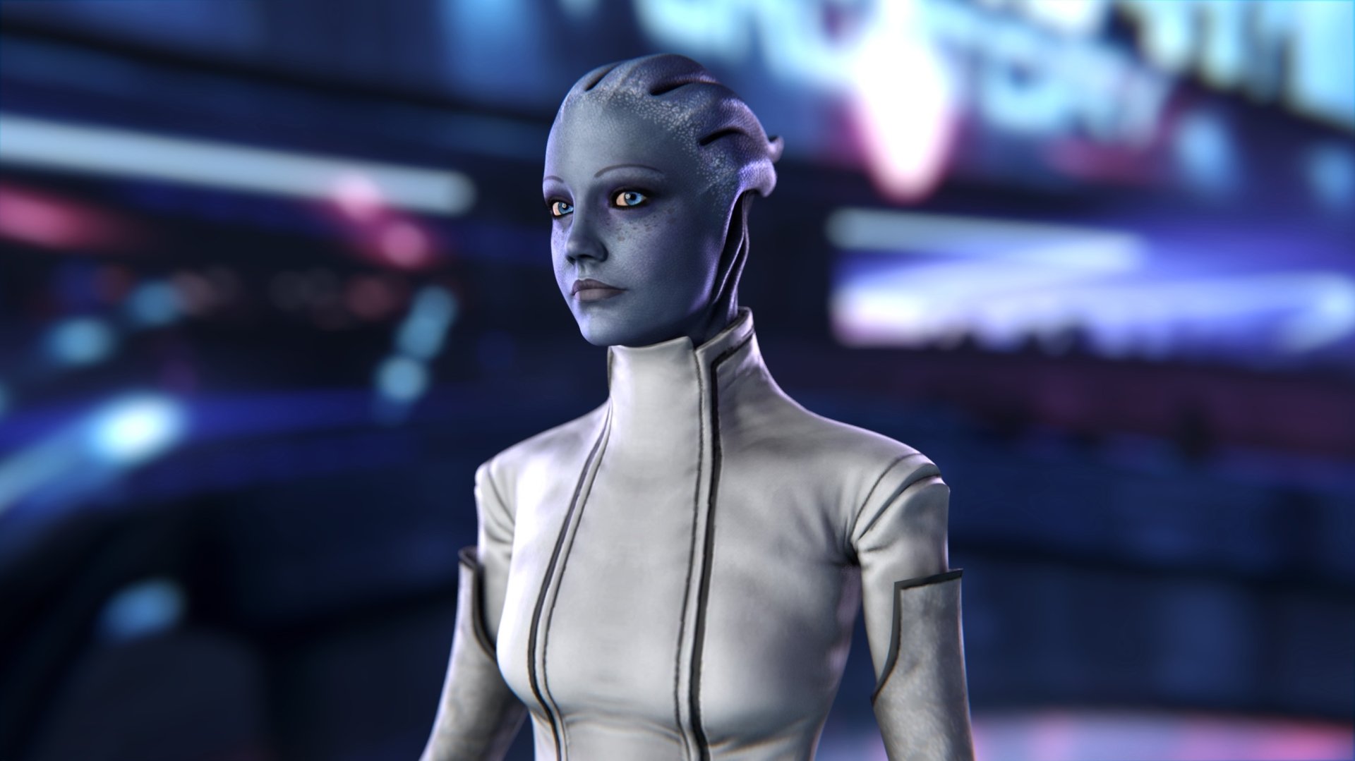 HD wallpaper featuring Liara T'Soni, a character from the video game Mass Effect, showcasing her iconic look in a futuristic setting.