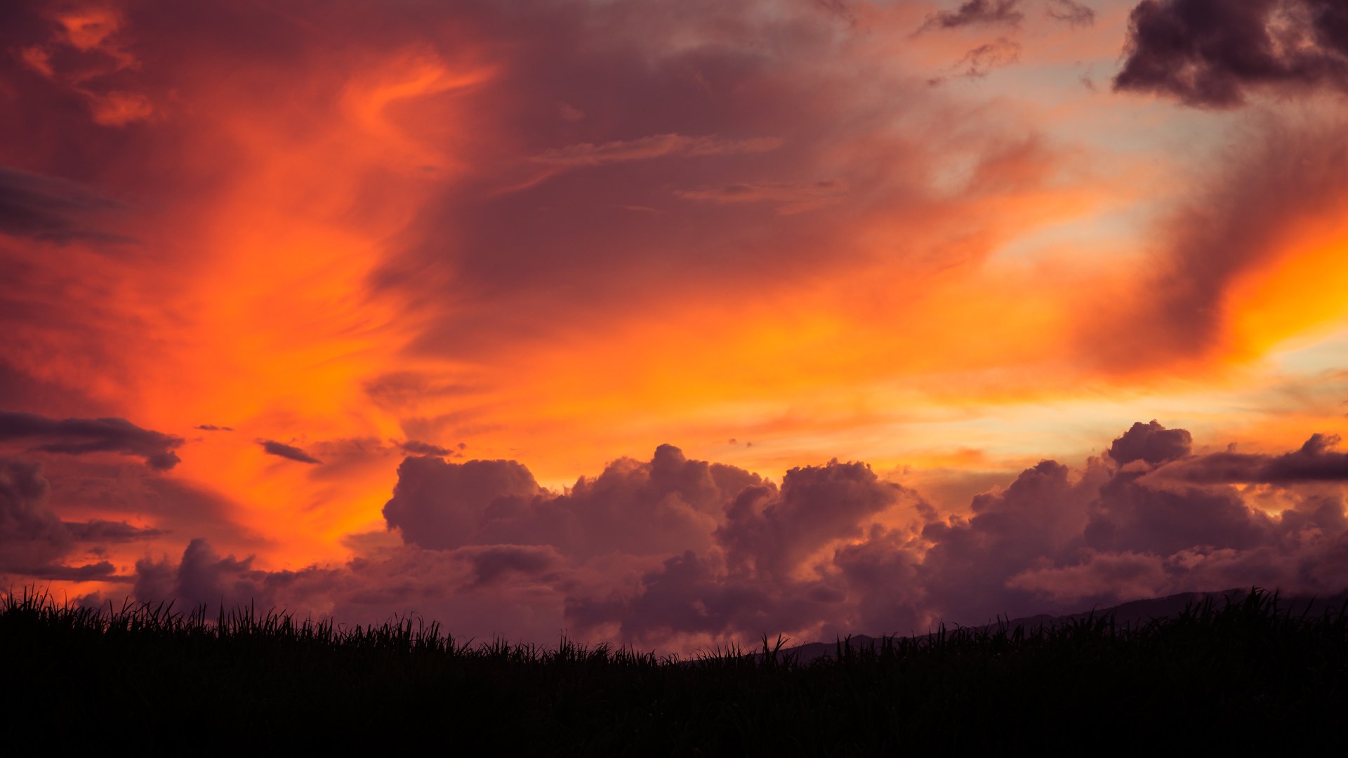 Vibrant orange and purple sunset clouds over a dark silhouetted landscape, captured in stunning 4K Ultra HD for a detailed nature and landscape desktop wallpaper.