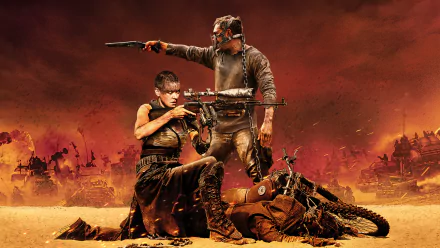 HD wallpaper featuring Imperator Furiosa (Charlize Theron) and Max Rockatansky (Tom Hardy) in a dramatic scene from the movie Mad Max: Fury Road, set against a fiery, apocalyptic backdrop.