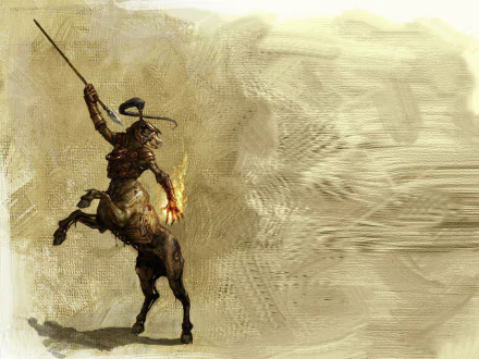 HD fantasy PC desktop wallpaper featuring a fiery centaur warrior raising a weapon against a textured beige background.