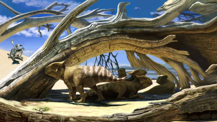 HD PC desktop wallpaper featuring a detailed prehistoric scene with small dinosaurs resting under a fallen tree branch in a dry, rocky landscape.