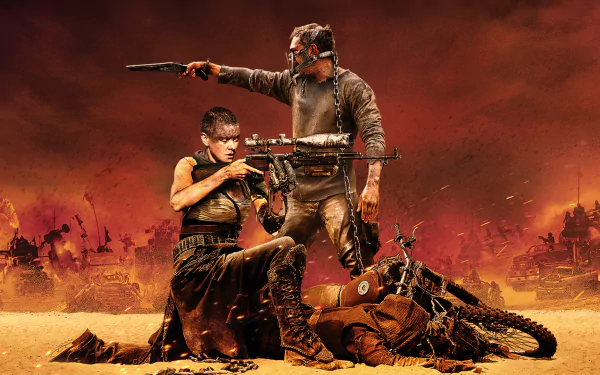 HD wallpaper featuring Imperator Furiosa (Charlize Theron) and Max Rockatansky (Tom Hardy) in a dramatic scene from the movie Mad Max: Fury Road, set against a fiery, apocalyptic backdrop.