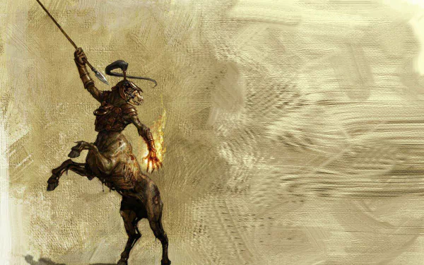 HD fantasy PC desktop wallpaper featuring a fiery centaur warrior raising a weapon against a textured beige background.