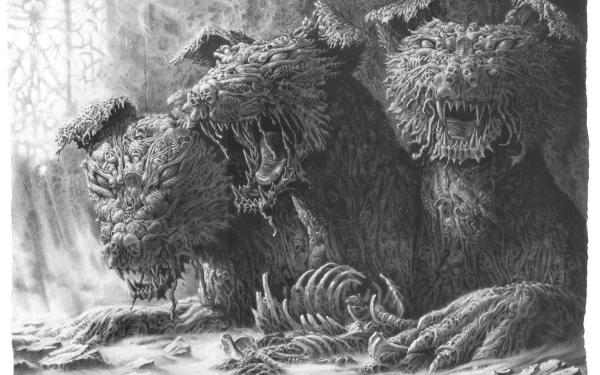 A detailed black-and-white illustration of Cerberus, the three-headed canine guardian of the underworld, serves as a striking HD fantasy PC desktop wallpaper and background.