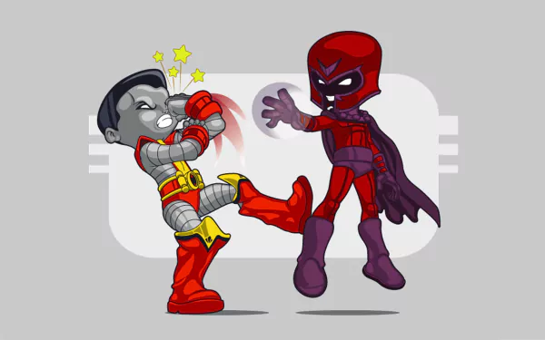 Chibi-style Magneto and Colossus from X-Men face off in a dynamic comic artwork, designed as an HD PC desktop wallpaper.
