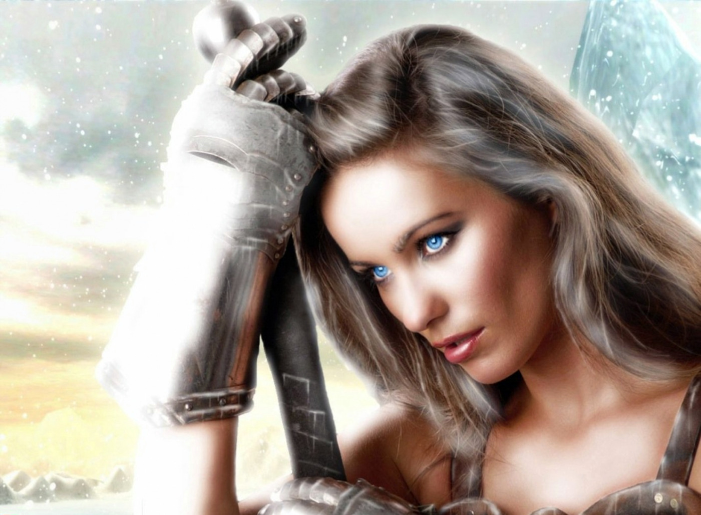 The Warrior: A fierce woman warrior wields a sword in a snowy landscape, wearing a gauntlet.