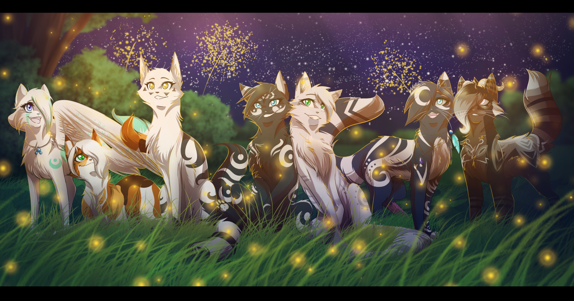 A vibrant HD PC desktop wallpaper featuring a group of fantasy cats with glowing markings in a magical nighttime meadow setting.