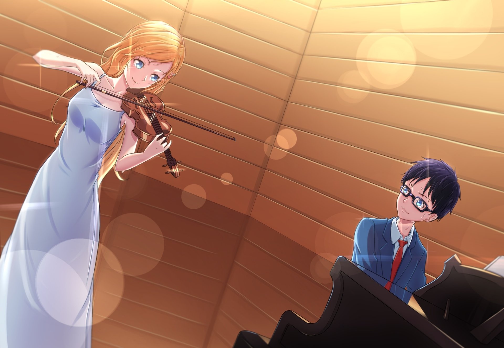 Kousei Arima watches Kaori Miyazono play the violin in a warm, enchanting moment from the anime Your Lie in April. This HD wallpaper captures their emotional connection beautifully.