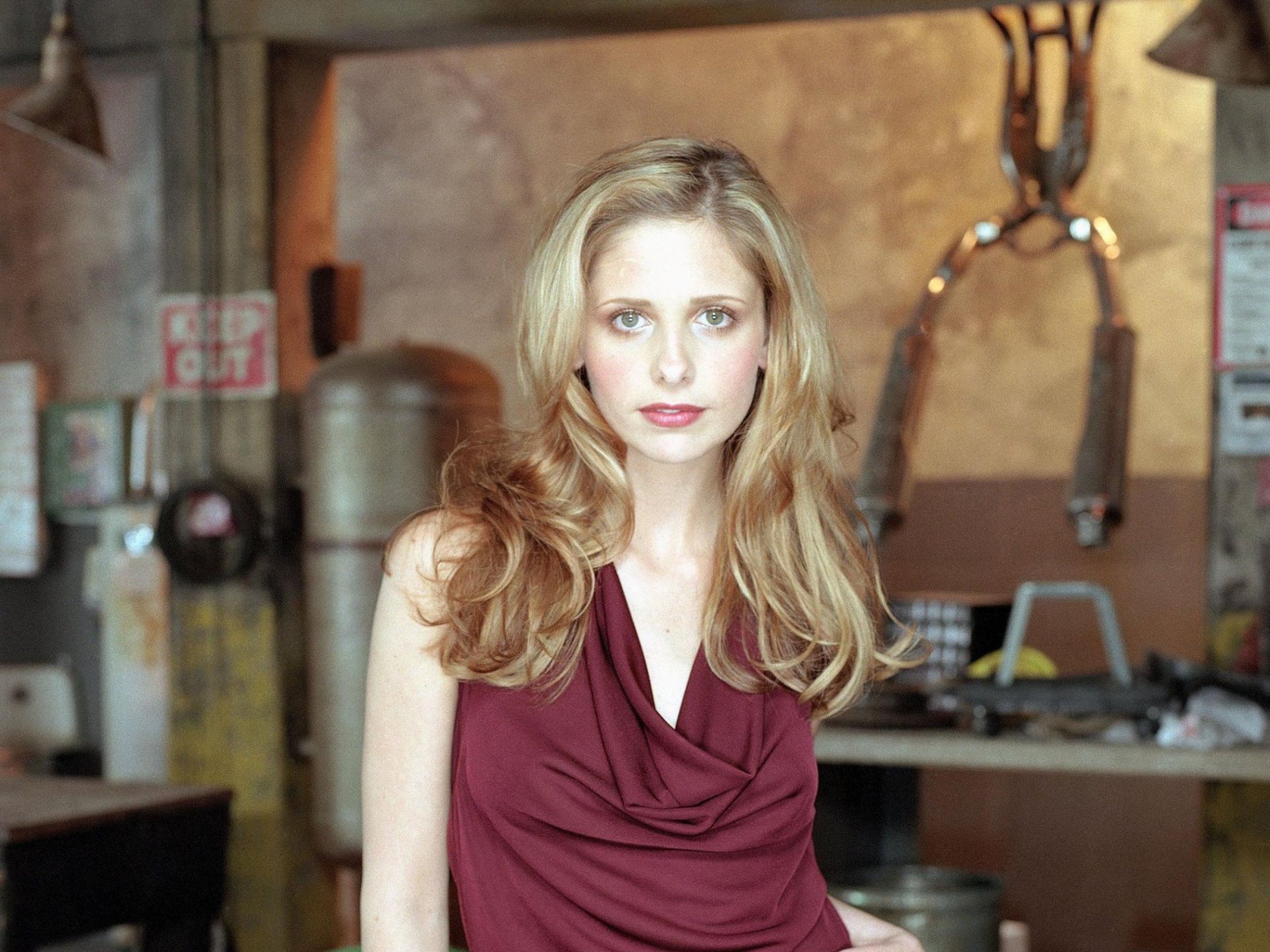 HD desktop wallpaper featuring celebrity Sarah Michelle Gellar with long blonde hair, wearing a maroon sleeveless top, in an industrial-style background.