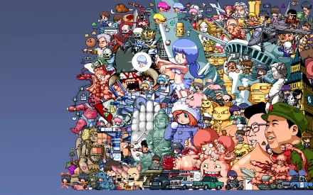 HD PC desktop wallpaper featuring a vibrant, detailed anime-style collage of characters and objects, created in the original pixel art style of Paul Robertson.