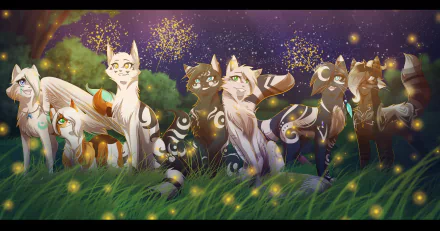 A vibrant HD PC desktop wallpaper featuring a group of fantasy cats with glowing markings in a magical nighttime meadow setting.