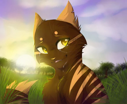 HD PC desktop wallpaper featuring a fantasy animal: a striped, magical cat with glowing green eyes in a sunlit grassy field.