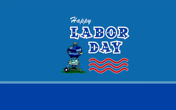 HD PC desktop wallpaper/background for Labor Day holiday: blue scene with Happy LABOR DAY text, a backyard grill illustration and red wavy stripes.