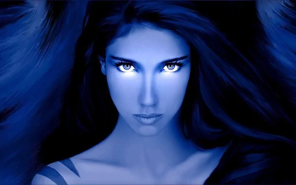 HD wallpaper of a fantasy angel with piercing eyes, enveloped in blue hues. The mystical and intense expression adds a captivating touch to any desktop background.