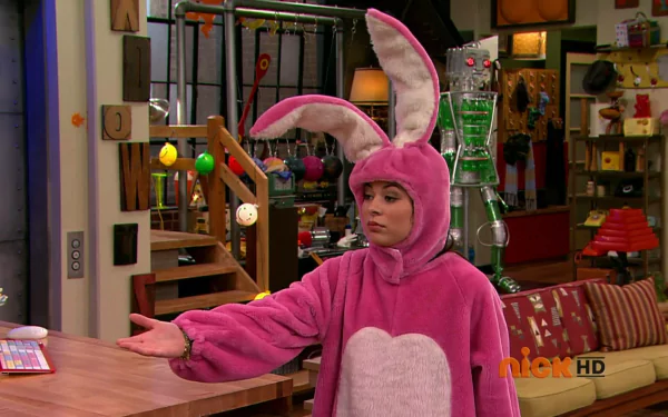 HD PC desktop wallpaper featuring a scene from the TV show iCarly (2007) with a character dressed in a pink bunny costume in a colorful living room setting.