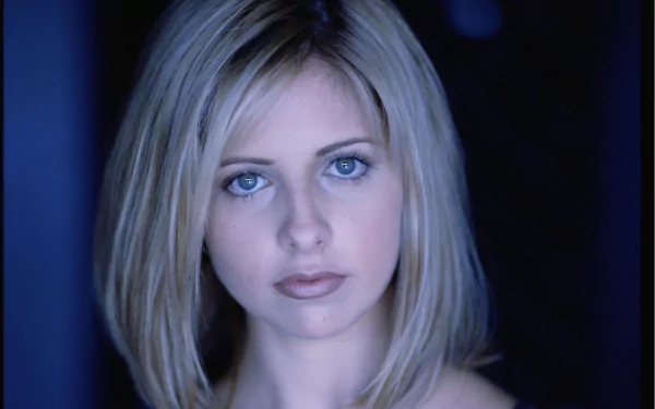 HD desktop wallpaper featuring a close-up portrait of celebrity Sarah Michelle Gellar with a soft blue background.