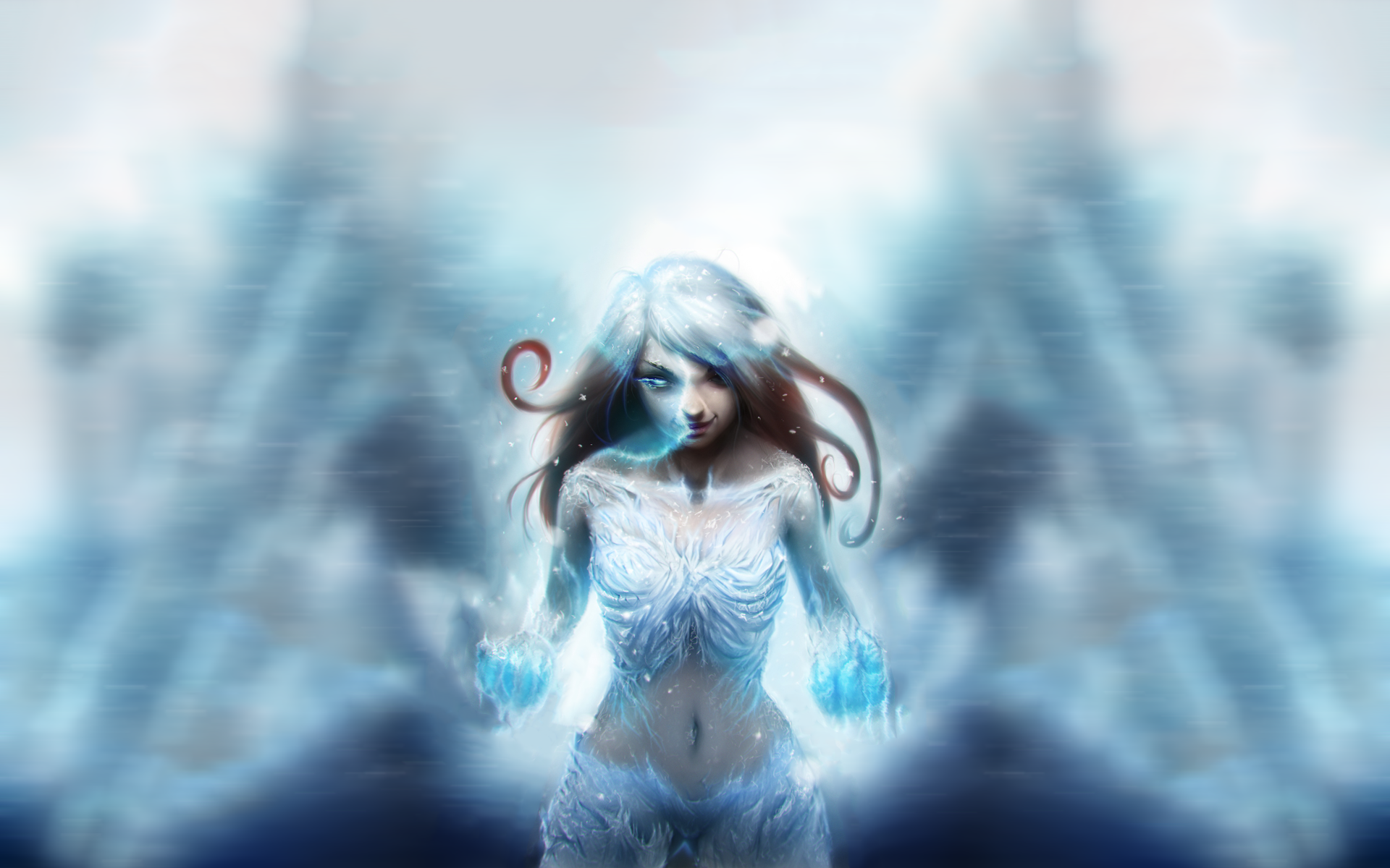 HD desktop wallpaper featuring Lissandra from League of Legends, showcasing her icy powers in a mystical, frosty environment.