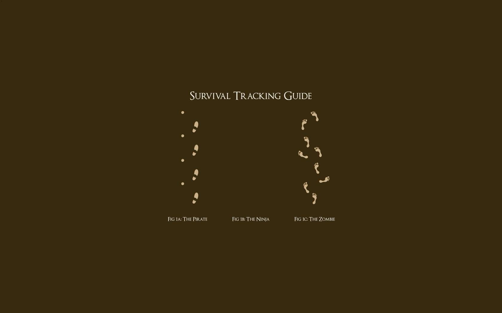 A humorous HD desktop wallpaper titled Survival Tracking Guide, featuring playful illustrations of footprints alongside witty captions for tracking various situations.