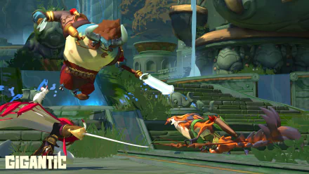 HD desktop wallpaper featuring dynamic characters and action from the video game Gigantic, showcasing vibrant environments and intense gameplay moments.