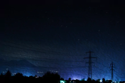 HD desktop wallpaper of a night sky with stars, created as an artistic oil painting effect using Photoshop, featuring silhouetted power lines and a glowing horizon.