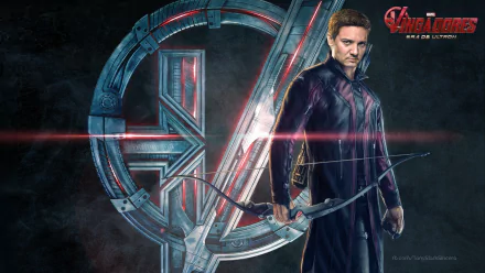 HD desktop wallpaper featuring Hawkeye, played by Jeremy Renner, with a glowing Avengers: Age of Ultron logo in the background.