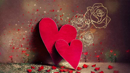 A romantic HD desktop wallpaper featuring two red hearts surrounded by delicate rose petals and artistic line drawings of roses, evoking a sense of love and beauty.