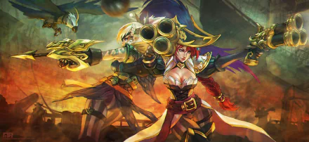 A vibrant 4K Ultra HD wallpaper featuring Quinn and Miss Fortune from League of Legends, showcasing their dynamic poses and striking weaponry amidst a dramatic backdrop.