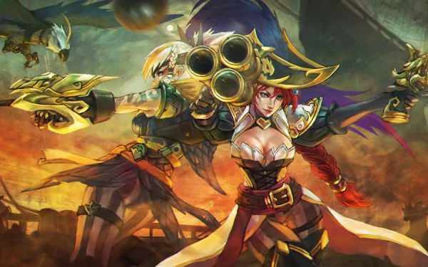 A vibrant 4K Ultra HD wallpaper featuring Quinn and Miss Fortune from League of Legends, showcasing their dynamic poses and striking weaponry amidst a dramatic backdrop.