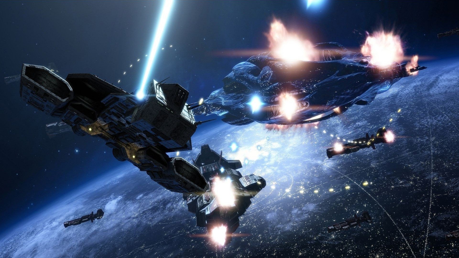 TV show Stargate Atlantis HD PC desktop wallpaper: warships trade blue energy beams and explosions above a luminous planet in a dramatic space battle.