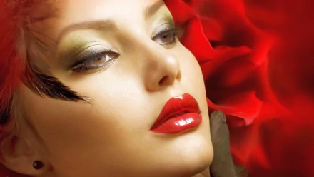 Close-up of a woman with bold makeup, red lips, and a red rose background, featuring Judy Wilkins in an HD PC desktop wallpaper.