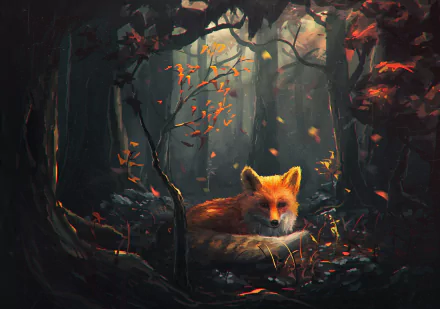 HD wallpaper of a fox resting peacefully in a dark, enchanted forest with autumn leaves falling around.