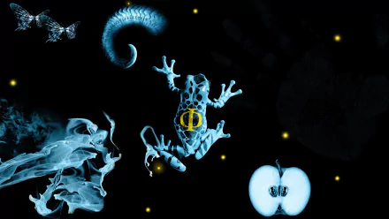 Fringe TV show HD PC desktop wallpaper background: surreal, glowing blue frog with a yellow target, sliced apple, ghostly smoke and spiral elements against a dark, star-speckled field.