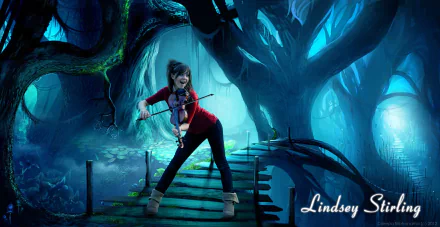 Lindsey Stirling performs passionately with a violin on a wooden bridge, surrounded by an enchanting, moonlit forest, creating a captivating music-themed desktop wallpaper.