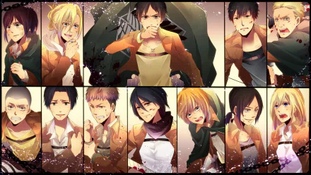 A vibrant HD wallpaper featuring characters from Attack on Titan, including Sasha Blouse, Reiner Braun, Mikasa Ackerman, Eren Yeager, and more, showcasing their distinct expressions and personalities.