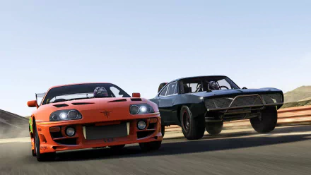 Forza Motorsport 6 video game HD PC desktop wallpaper: an orange Supra and a black muscle car racing side-by-side on a sunlit track.