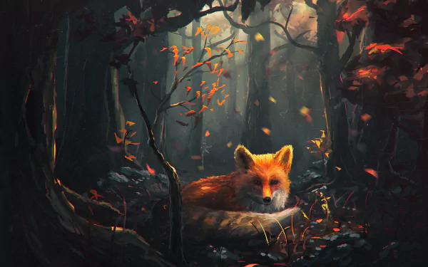 HD wallpaper of a fox resting peacefully in a dark, enchanted forest with autumn leaves falling around.
