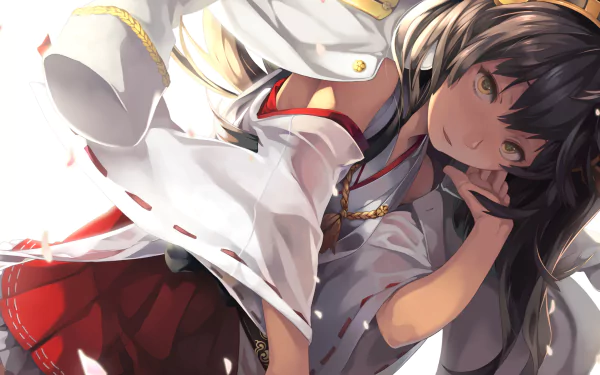 Haruna from Kantai Collection poses dynamically in this HD anime wallpaper, showcasing her vibrant outfit and captivating expression, set against a softly illuminated background.